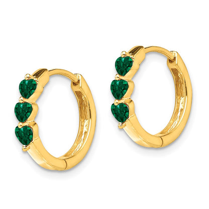 Solid 14k Yellow Gold Created Simulated Emerald Polished Hinged Hoop Earrings