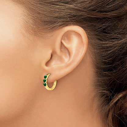 Solid 14k Yellow Gold Created Simulated Emerald Polished Hinged Hoop Earrings