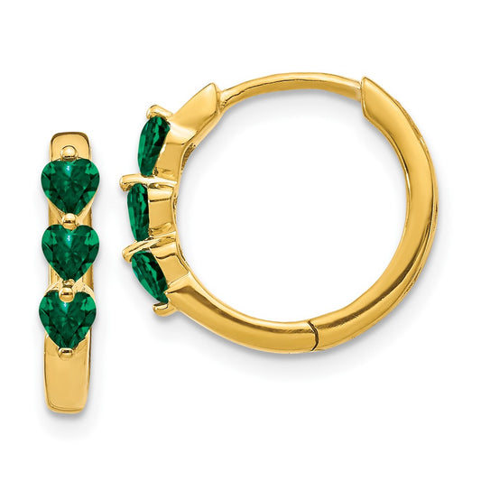Solid 14k Yellow Gold Created Simulated Emerald Polished Hinged Hoop Earrings