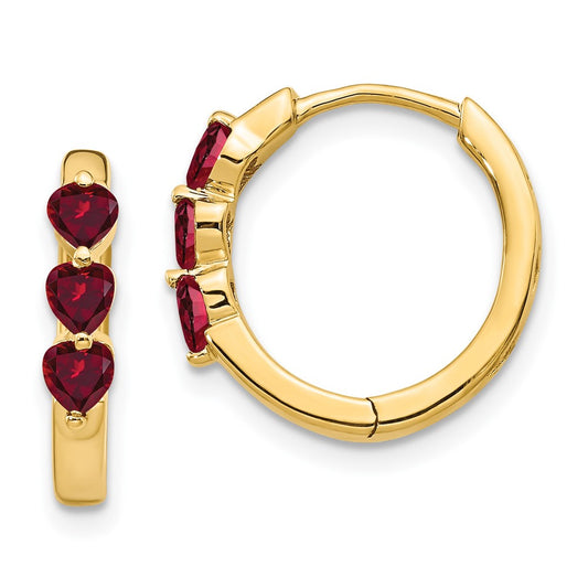 14k Yellow Gold Created Ruby Polished Hinged Hoop Earrings