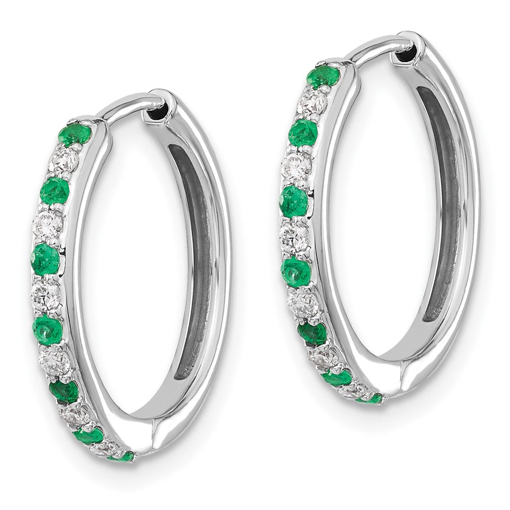 Solid 14k White Gold Simulated CZ and Emerald Hinged Hoop Earrings
