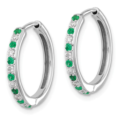 Solid 14k White Gold Simulated CZ and Emerald Hinged Hoop Earrings
