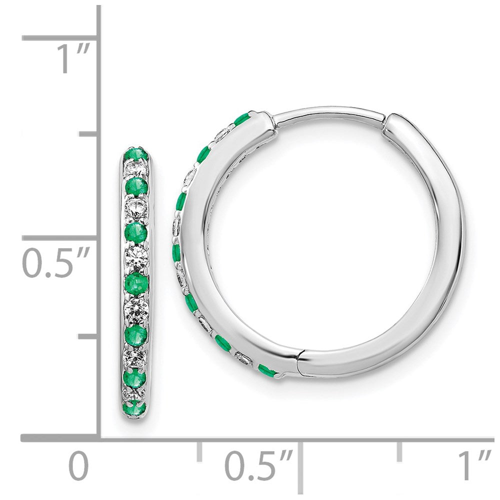 Solid 14k White Gold Simulated CZ and Emerald Hinged Hoop Earrings