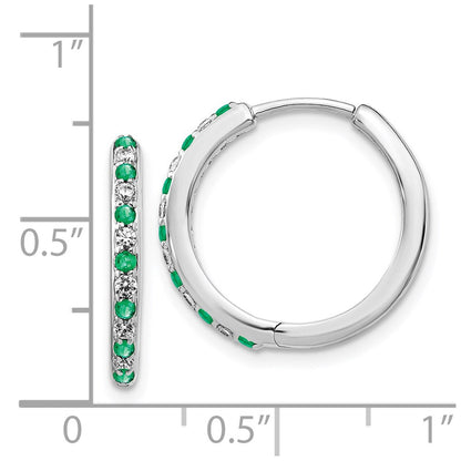 Solid 14k White Gold Simulated CZ and Emerald Hinged Hoop Earrings