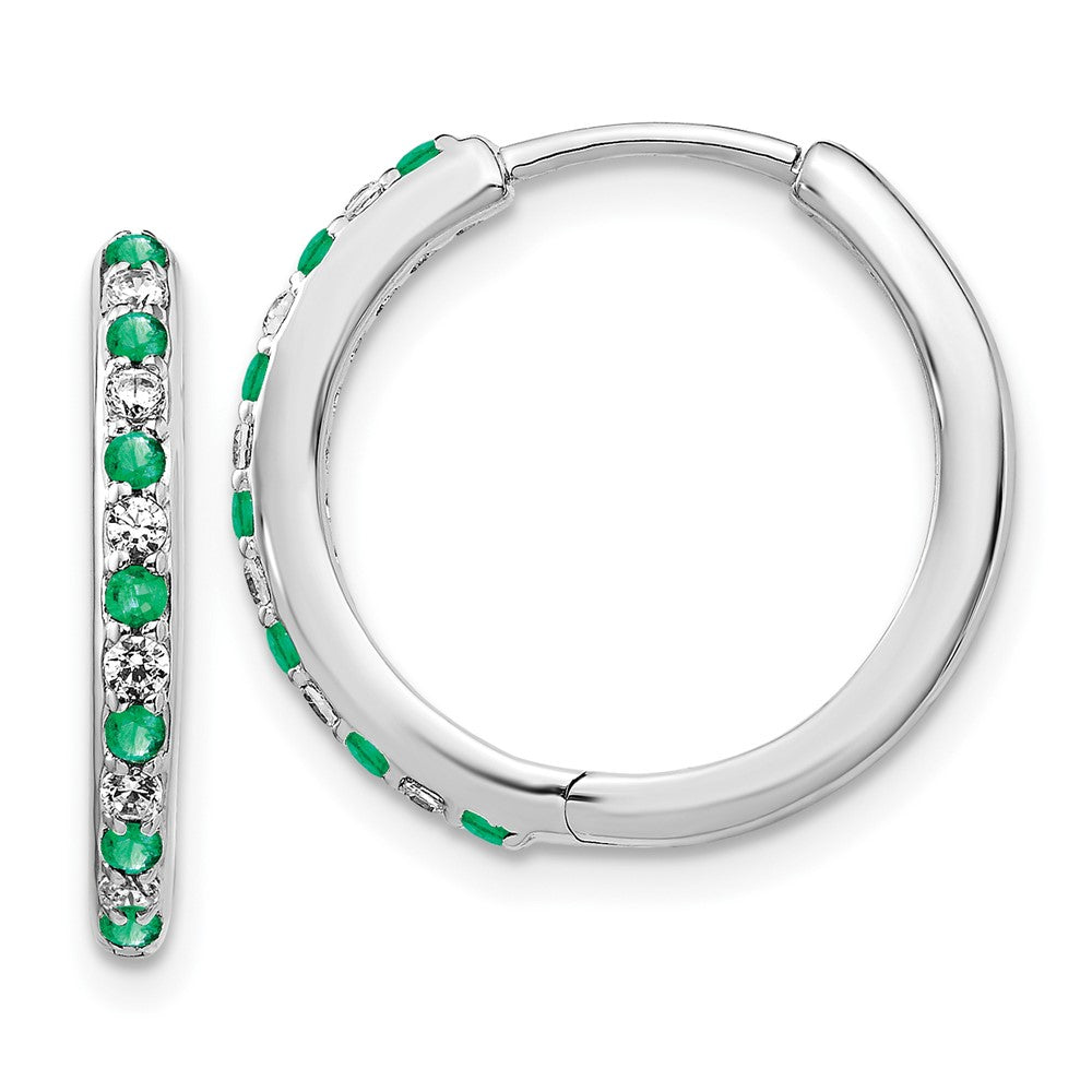 Solid 14k White Gold Simulated CZ and Emerald Hinged Hoop Earrings
