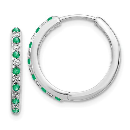 Solid 14k White Gold Simulated CZ and Emerald Hinged Hoop Earrings