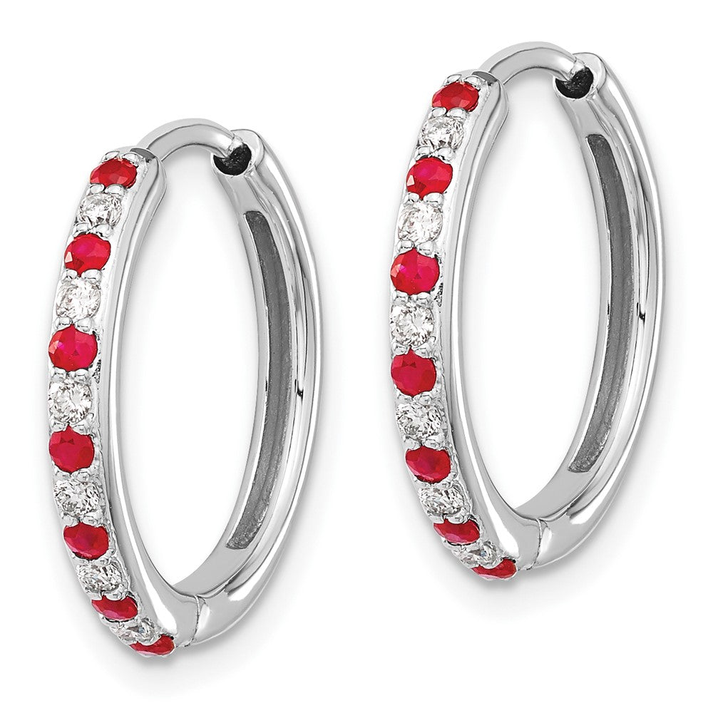 Solid 14k White Gold Simulated CZ and Ruby Hinged Hoop Earrings