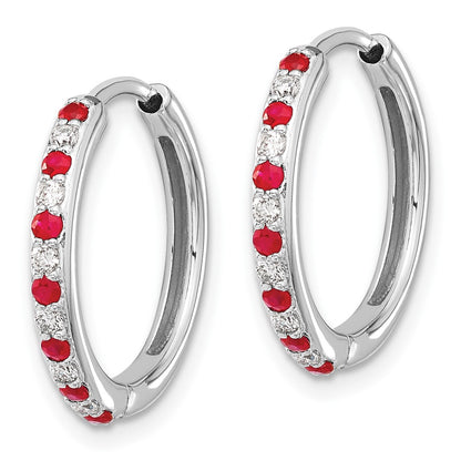 Solid 14k White Gold Simulated CZ and Ruby Hinged Hoop Earrings
