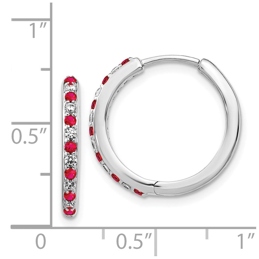 Solid 14k White Gold Simulated CZ and Ruby Hinged Hoop Earrings