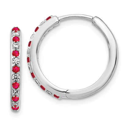 Solid 14k White Gold Simulated CZ and Ruby Hinged Hoop Earrings