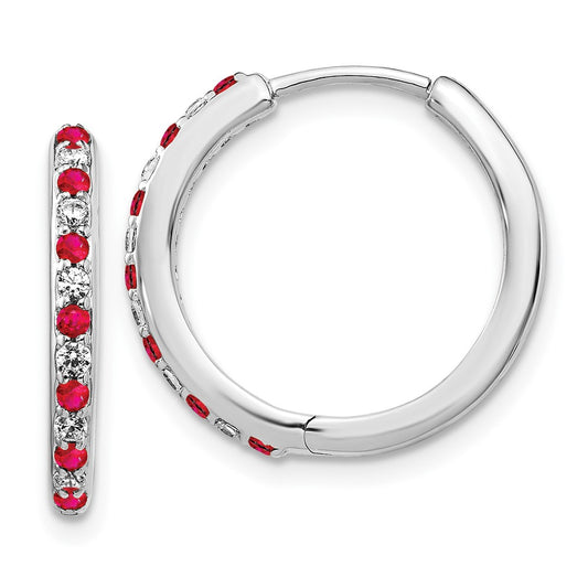 Solid 14k White Gold Simulated CZ and Ruby Hinged Hoop Earrings