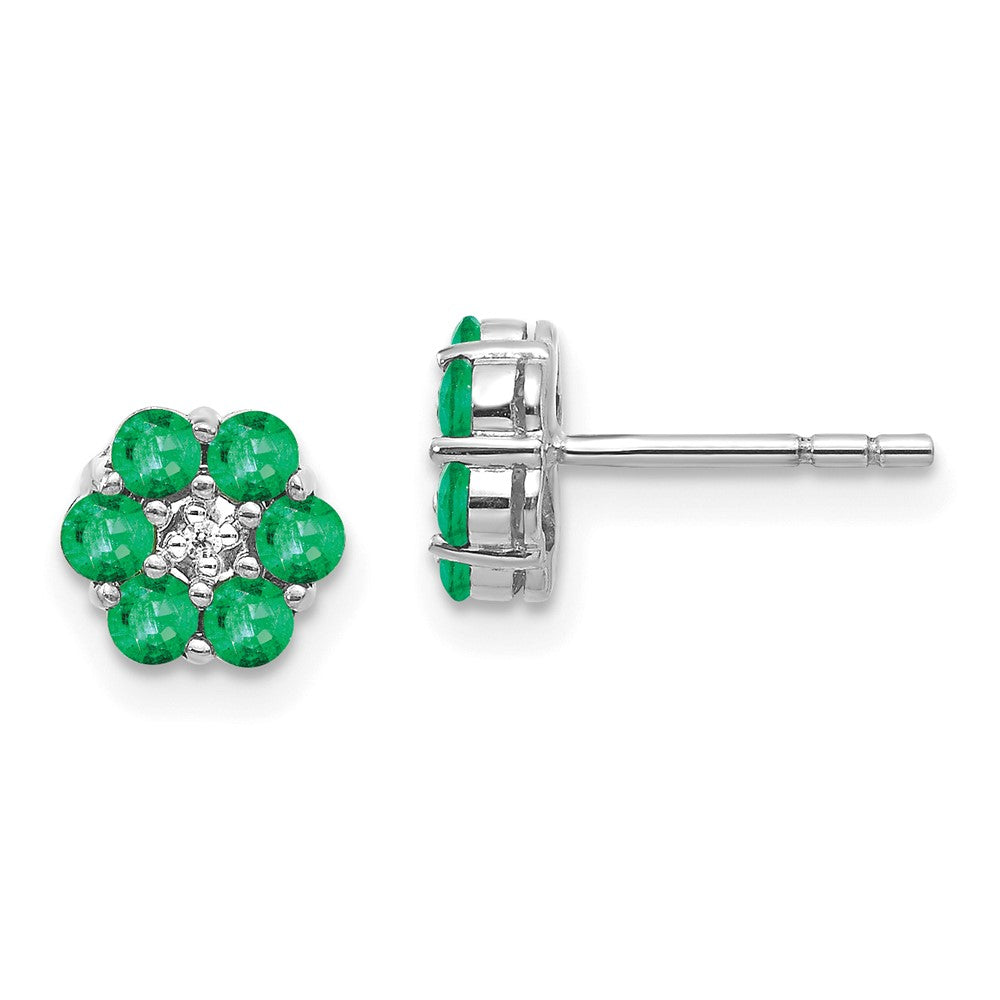 Solid 14k White Gold Polished Simulated Emerald and CZ Post Earrings