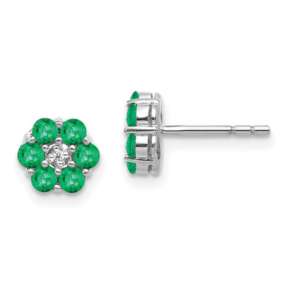 Solid 14k White Gold Polished Simulated Emerald and CZ Post Earrings