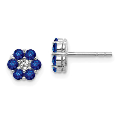 Solid 14k White Gold Polished Simulated Sapphire and CZ Post Earrings