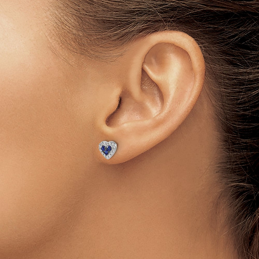 Solid 14k White Gold Simulated CZ and Sapphire Heart Post Earrings