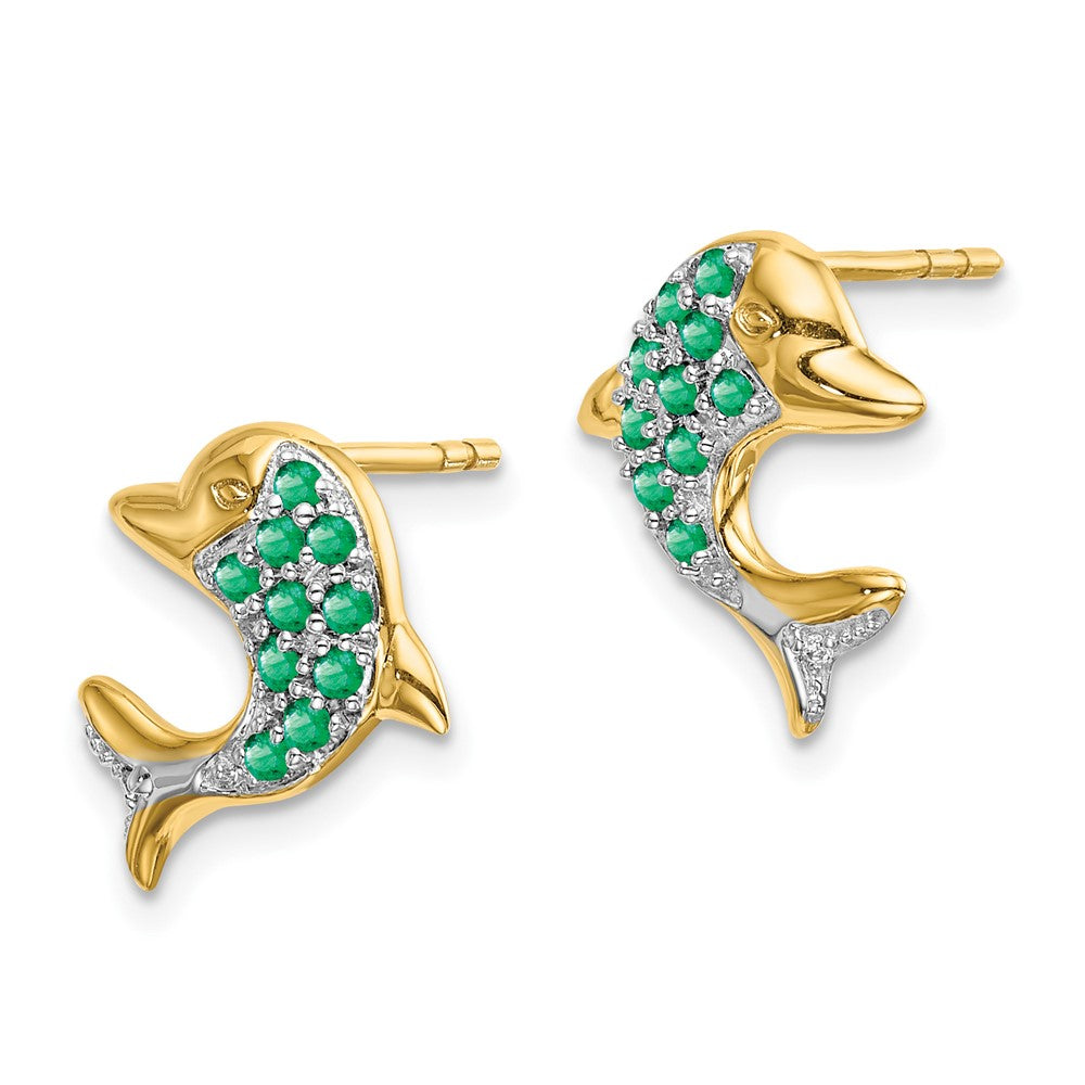Solid 14k Yellow & Rhodium and Simulated Emerald CZ Dolphin Post Earrings