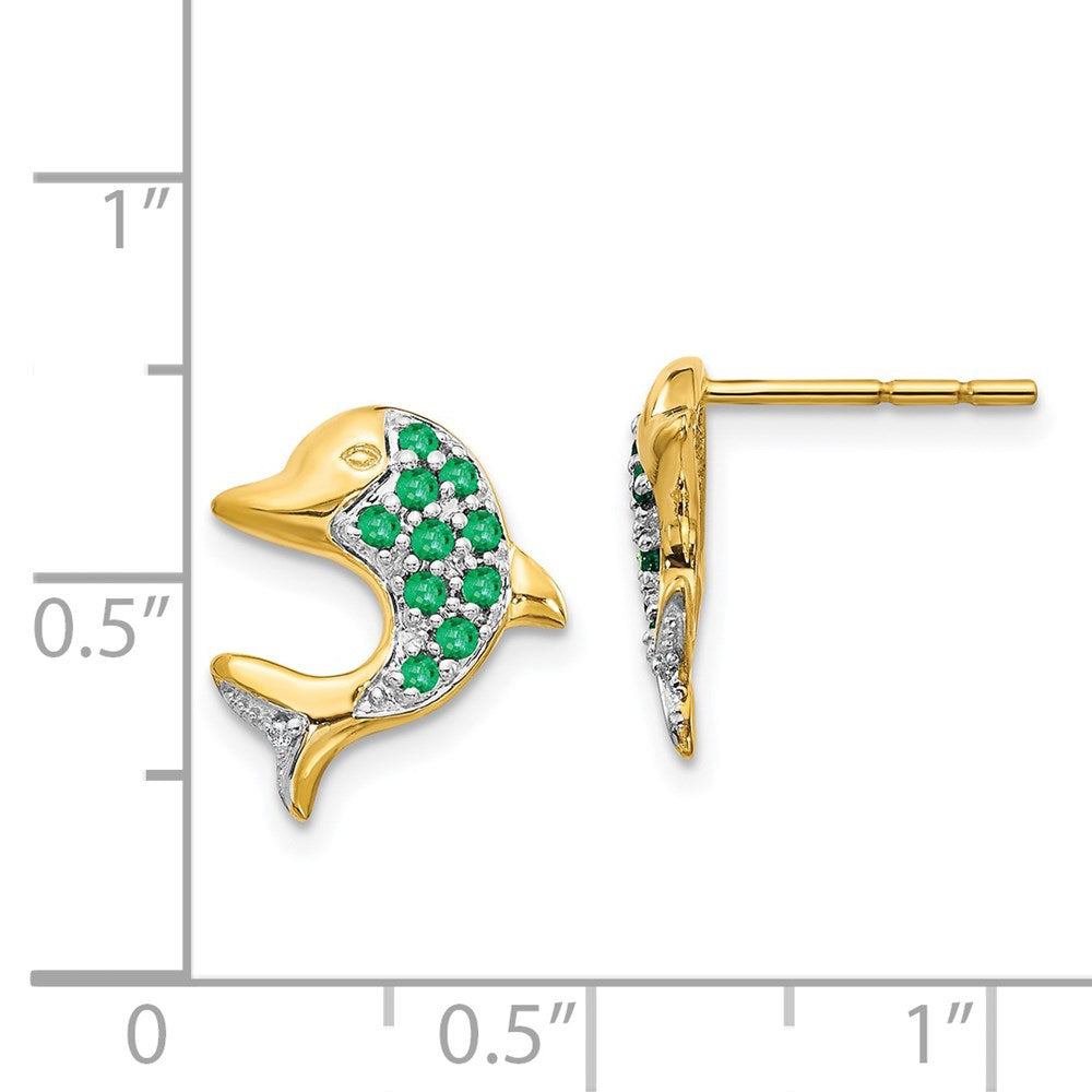 Solid 14k Yellow & Rhodium and Simulated Emerald CZ Dolphin Post Earrings