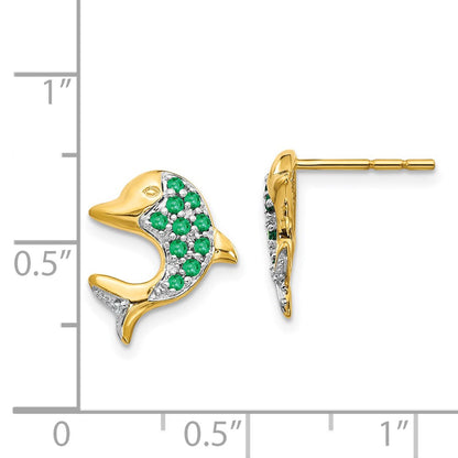 Solid 14k Yellow & Rhodium and Simulated Emerald CZ Dolphin Post Earrings
