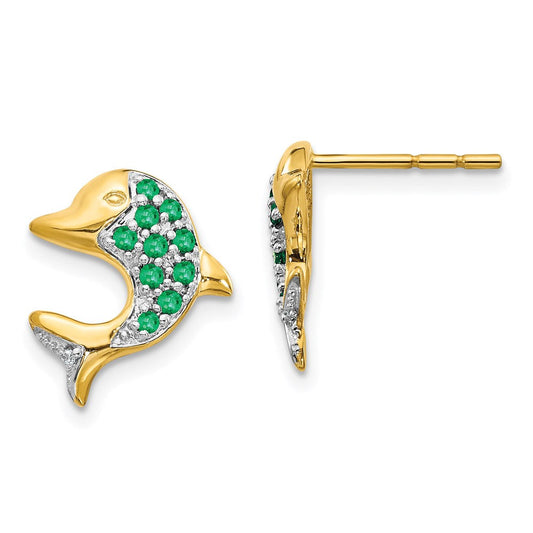 14k Yellow Gold and Rhodium Emerald and Real Diamond Dolphin Post Earrings EM5615-EM-001-YA