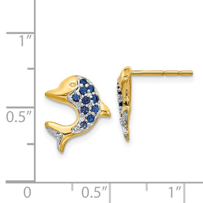 Solid 14k Yellow & Rhodium w/Rhodium Marquise Simulated Sapphire Simulated/Simulated CZ Dolphin Post Earrings