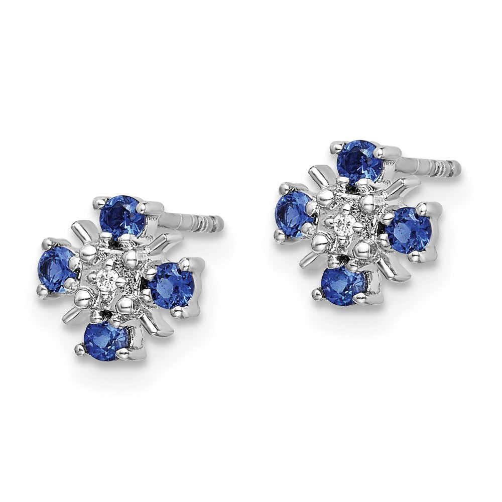 Solid 14k White Gold Blue Simulated Sapphire and CZ Post Earrings