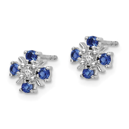 Solid 14k White Gold Blue Simulated Sapphire and CZ Post Earrings