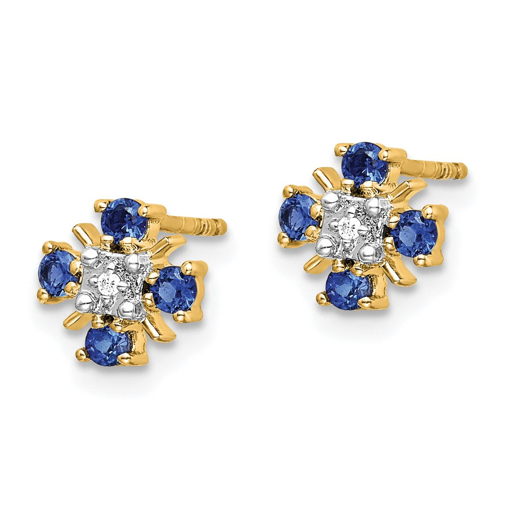 Solid 14k Yellow Gold Blue Simulated Sapphire and CZ Post Earrings