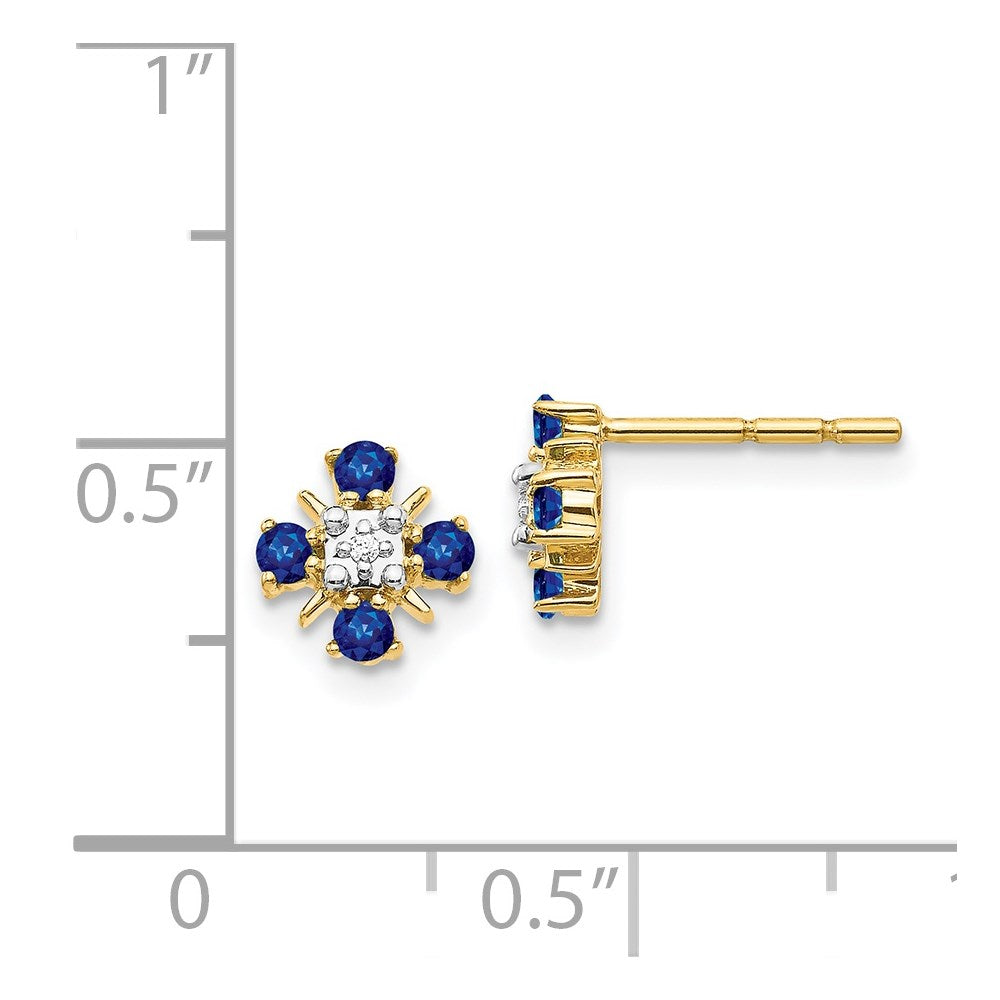 Solid 14k Yellow Gold Blue Simulated Sapphire and CZ Post Earrings