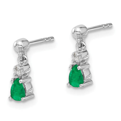 Solid 14k White Gold Simulated Emerald and CZ Dangle Post Earrings