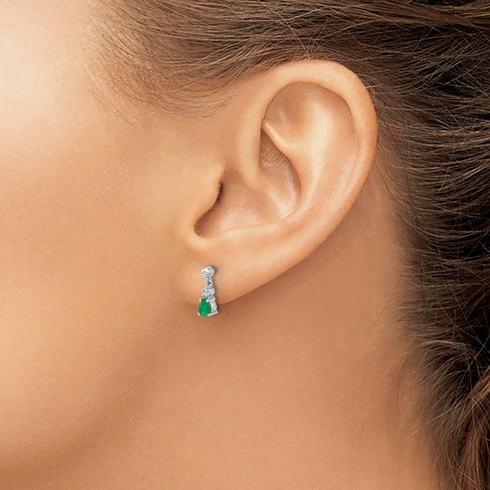 Solid 14k White Gold Simulated Emerald and CZ Dangle Post Earrings