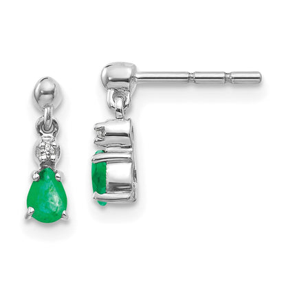 Solid 14k White Gold Simulated Emerald and CZ Dangle Post Earrings