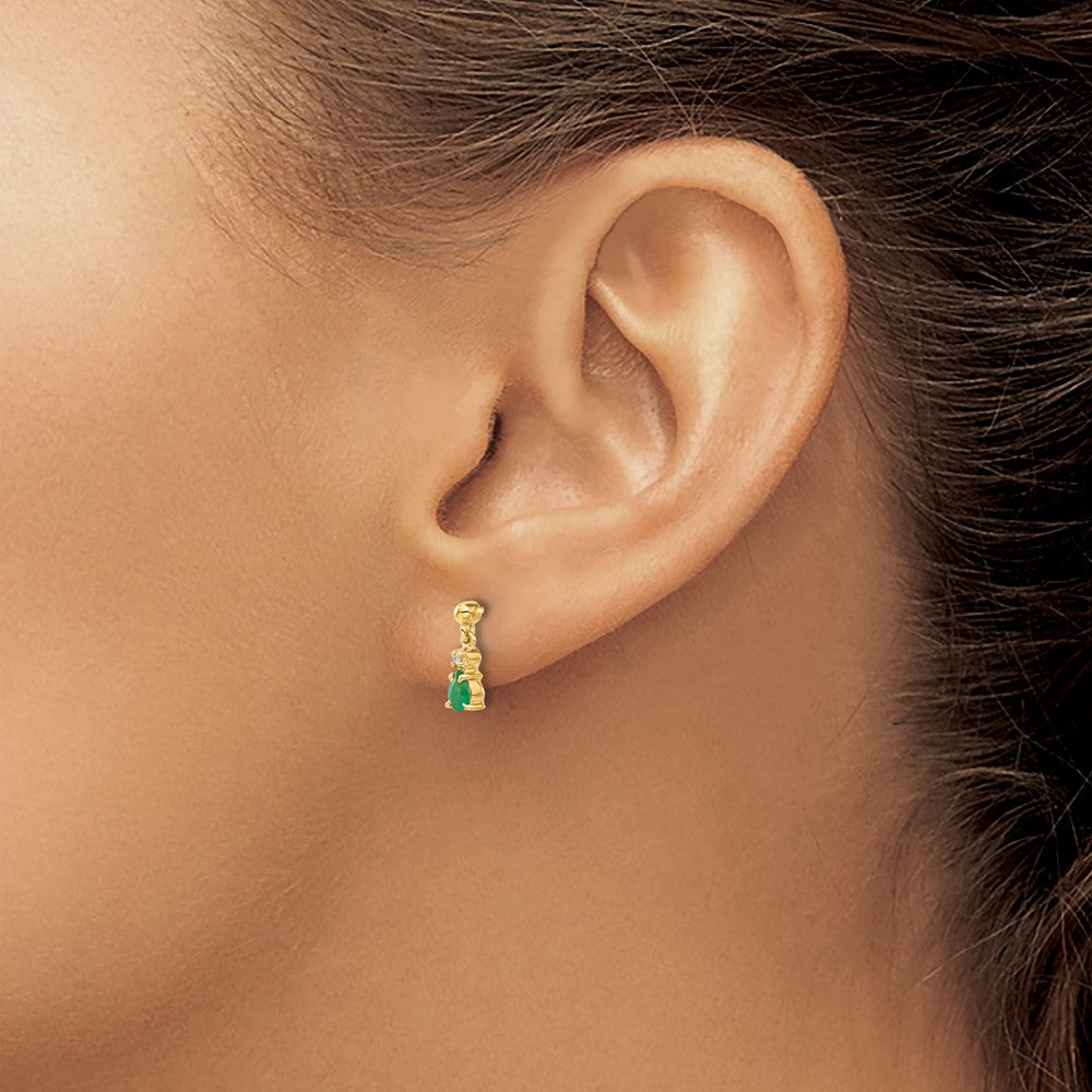 Solid 14k Yellow Gold Simulated Emerald and CZ Dangle Earrings