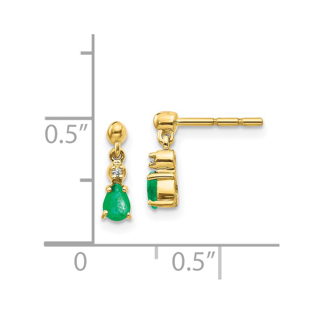 Solid 14k Yellow Gold Simulated Emerald and CZ Dangle Earrings