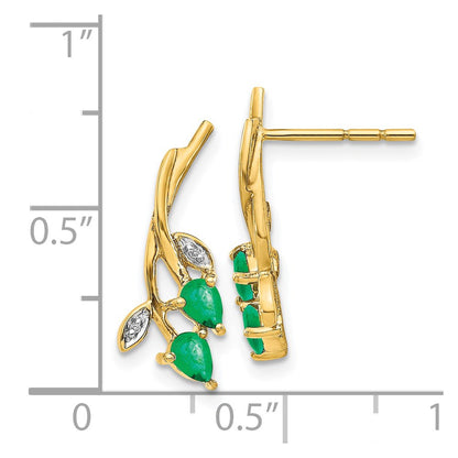 Solid 14k Yellow Gold Simulated CZ and Pear Emerald Floral Post Earrings