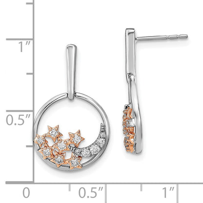 Solid 14k Two-tone Moon and Stars Circle Simulated CZ Post Earrings