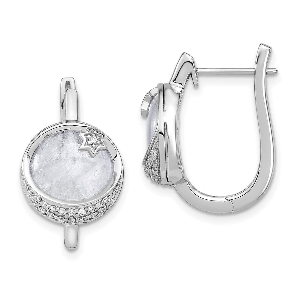 14k White Gold Dia. & Moonstone Moon & Star Hinged Hoop Earrings EM6843-020-WA
