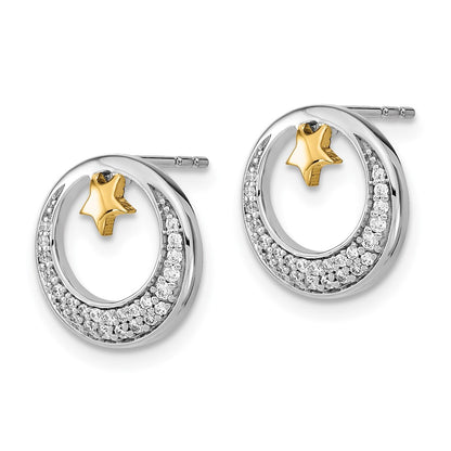 Solid 14k Two-tone Polished Moon and Stars Simulated CZ Post Earrings
