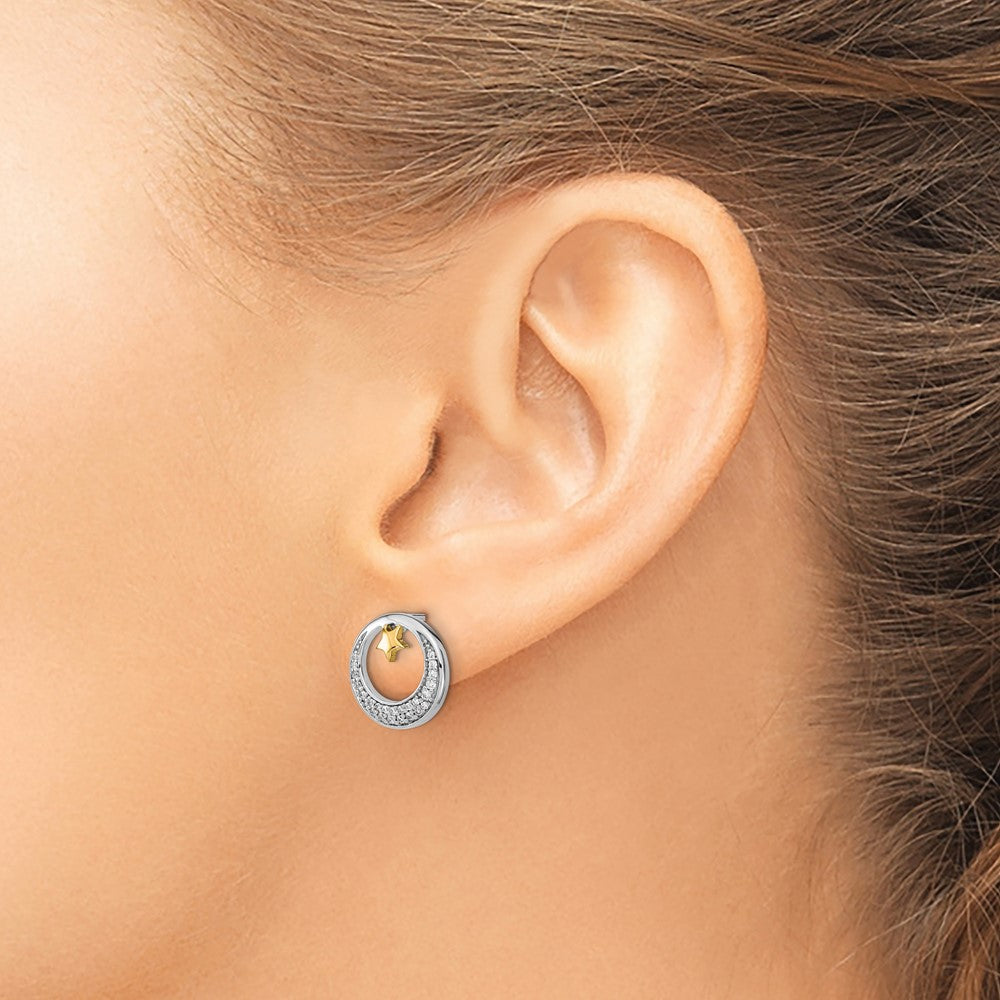 Solid 14k Two-tone Polished Moon and Stars Simulated CZ Post Earrings