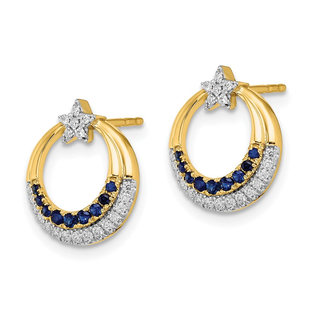 Solid 14k Yellow Gold Polished Simulated Sapphire and CZ Star Circle Post Earrings
