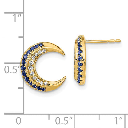 Solid 14k Yellow Gold Polished Moon Simulated Sapphire and CZ Post Earrings