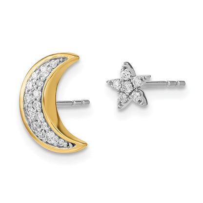 Solid 14k Two-tone Moon andStar Simulated CZ Mis-match Post Earrings