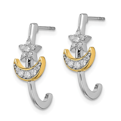 Solid 14k Two-tone Moon w/Star Simulated CZ J-hoop Post Earrings