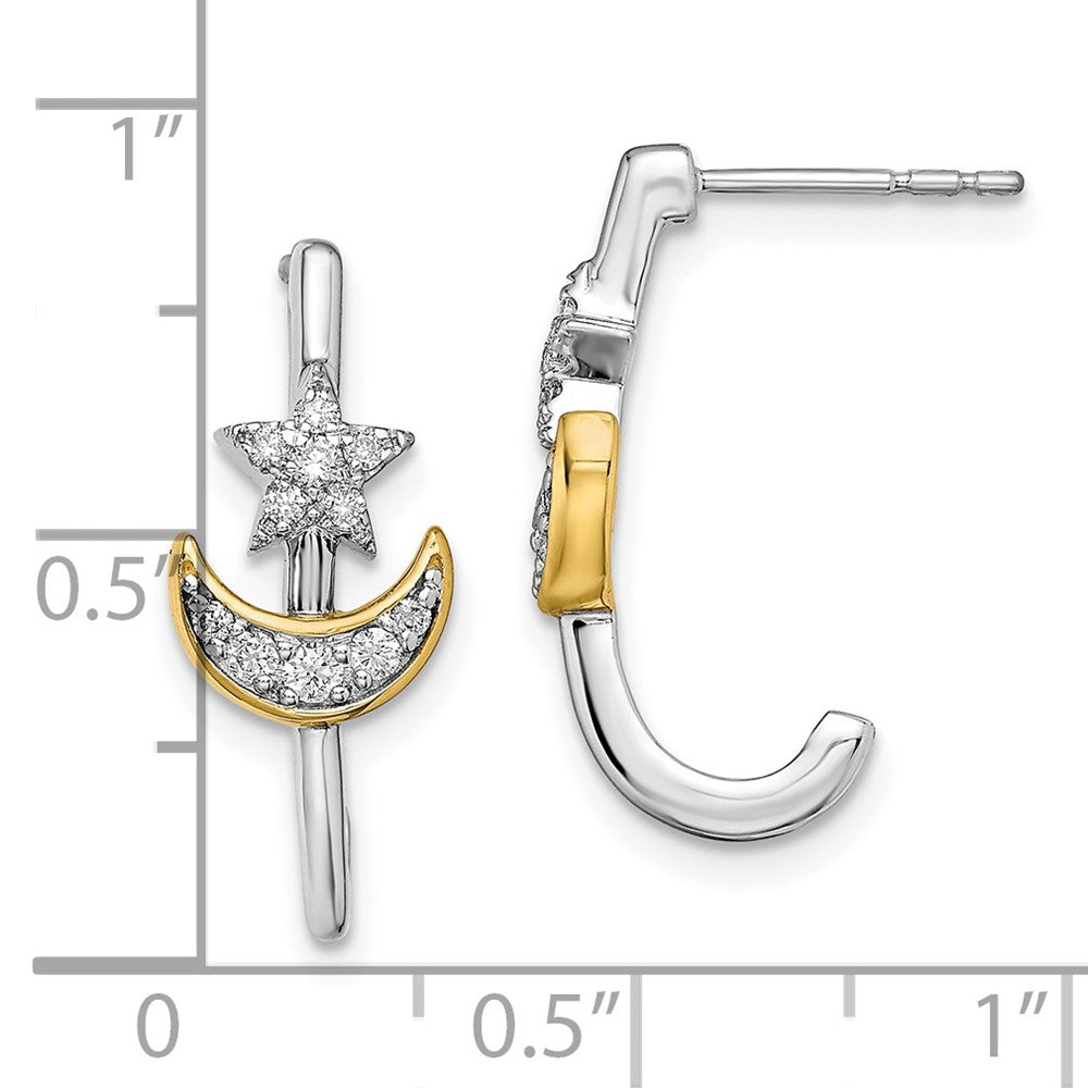 Solid 14k Two-tone Moon w/Star Simulated CZ J-hoop Post Earrings