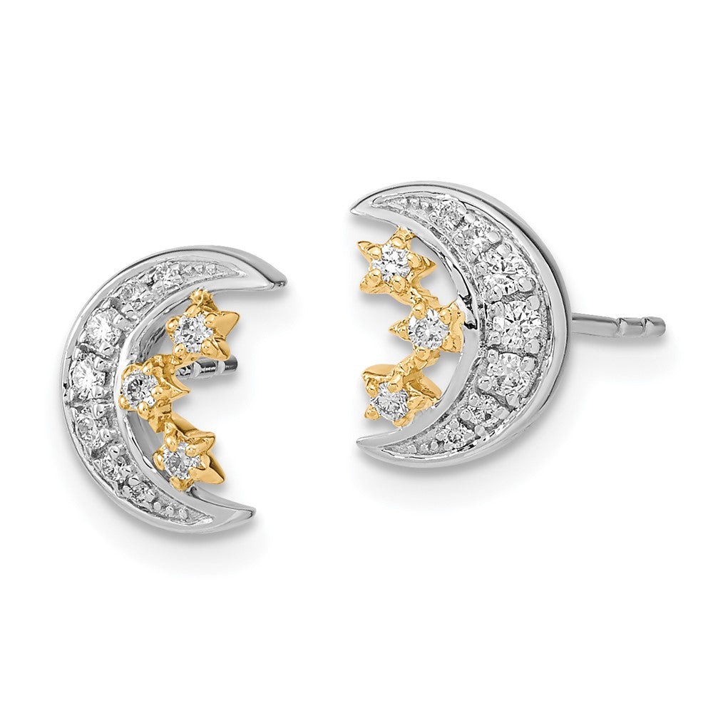 Solid 14k Two-tone Moon w/3Stars Simulated CZ Post Earrings