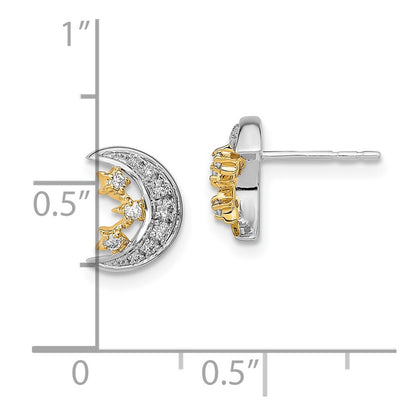 Solid 14k Two-tone Moon w/3Stars Simulated CZ Post Earrings