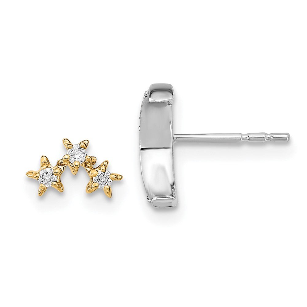 Solid 14k Two-tone Moon and 3-Stars Simulated CZ Mis-match Post Earrings