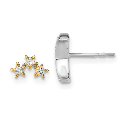 Solid 14k Two-tone Moon and 3-Stars Simulated CZ Mis-match Post Earrings