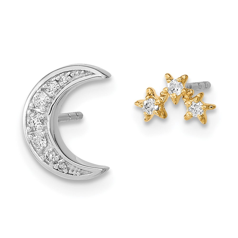 Solid 14k Two-tone Moon and 3-Stars Simulated CZ Mis-match Post Earrings