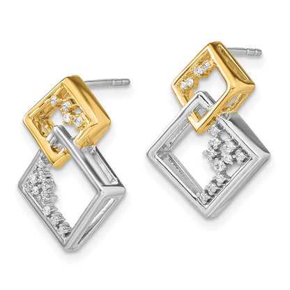 Solid 14k Two-tone Polished Double Square Simulated CZ Post Earrings