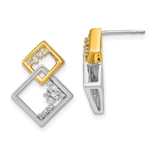 Solid 14k Two-tone Polished Double Square Simulated CZ Post Earrings